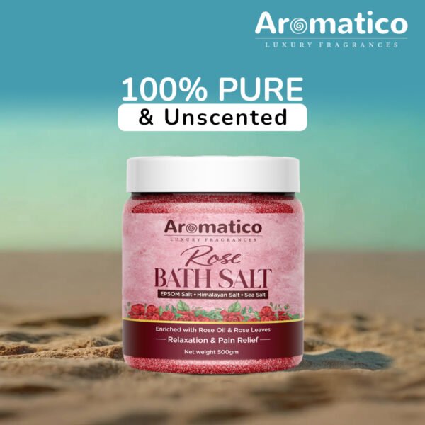 Rose Bath Salt for Body & Foot Spa. Mineral-rich EPSOM, Himalayan & Sea Salts, Enriched with Pure Rose Essential Oil & Leaves. Pain Relief, Relaxation, Aromatherapy – 500gm - Image 4
