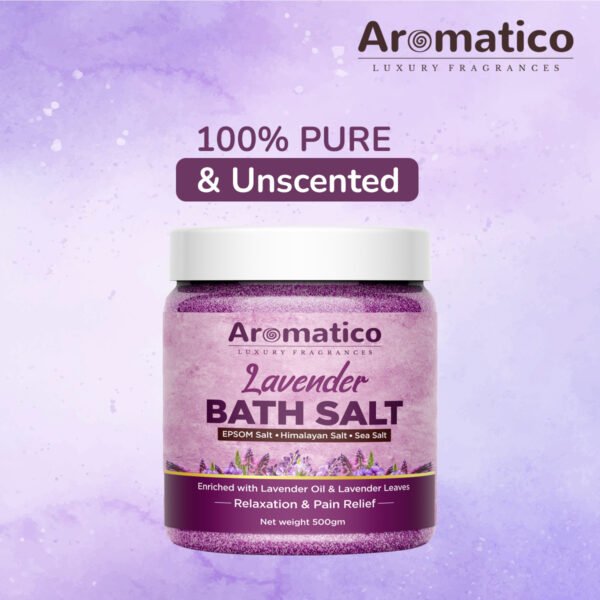 Lavender Bath Salt for Body & Foot Spa. Mineral-rich EPSOM, Himalayan & Sea Salts, Enriched with Pure Lavender Essential Oil & Leaves. Pain Relief, Relaxation, Aromatherapy – 500gm - Image 5