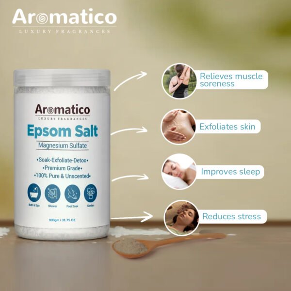 Premium Grade Epsom Bath Salt Crystal for Body & Foot Spa. Natural therapy for Muscle Relief, Pain, Aches and detox. 100% Pure & Unscented 900gm - Image 3