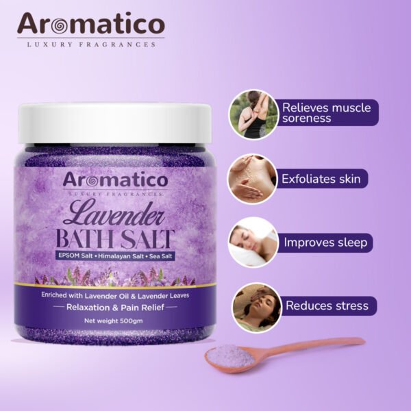Lavender Bath Salt for Body & Foot Spa. Mineral-rich EPSOM, Himalayan & Sea Salts, Enriched with Pure Lavender Essential Oil & Leaves. Pain Relief, Relaxation, Aromatherapy – 500gm - Image 2