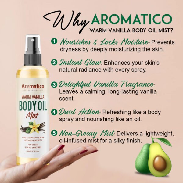 Warm Vanilla Body Oil Mist, After Bath oil for Daily Use. Glowing Skin & Deep Hydration for Dry Skin. Winter Moisturizer with Natural Oils. Non-Greasy, Nourishing Formula – 200ml - Image 2