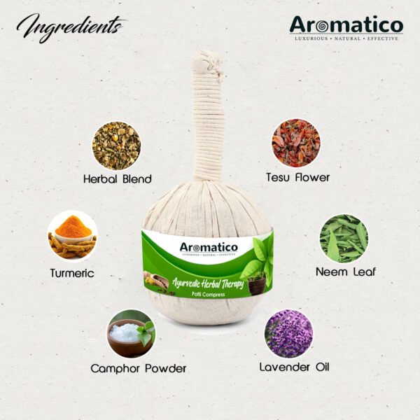 Ayurvedic Herbal Potli Compress with Neem & Turmeric, Pain Relief, Knee, Muscles Relaxation, Neck, Back, Legs, Increase Blood Circulation for Men Women – 180 GM. - Image 3