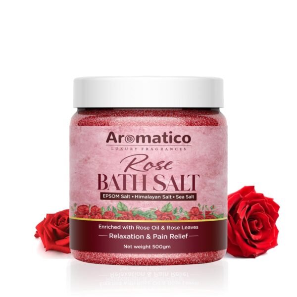 Rose Bath Salt for Body & Foot Spa. Mineral-rich EPSOM, Himalayan & Sea Salts, Enriched with Pure Rose Essential Oil & Leaves. Pain Relief, Relaxation, Aromatherapy – 500gm