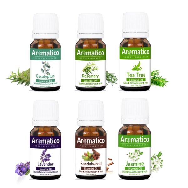 Essential Oils Pack of 6, Rosemary, Tea-Tree, Sandalwood, Lavender, Jasmine & Eucalyptus. Therapeutic Grade, 100% Pure & Natural. Combo pack 10mlX6