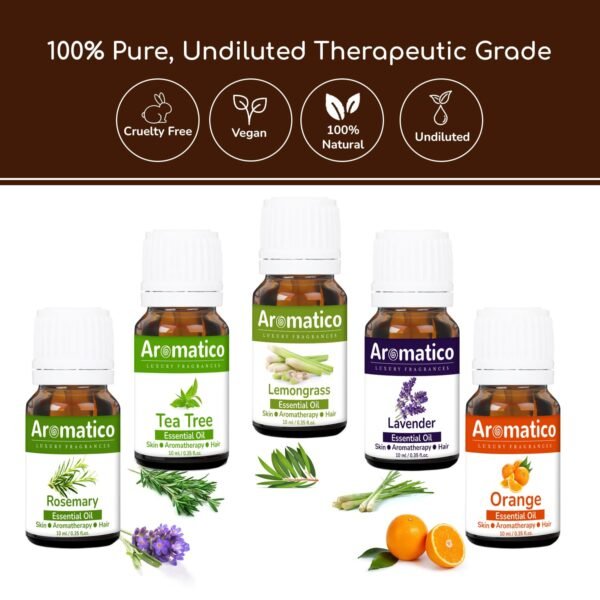 Essential Oils Pack of 5, Rosemary, Tea-Tree, Lavender, Lemongrass & Orange. Therapeutic Grade, 100% Pure & Natural. Combo pack 10mlX5 - Image 3