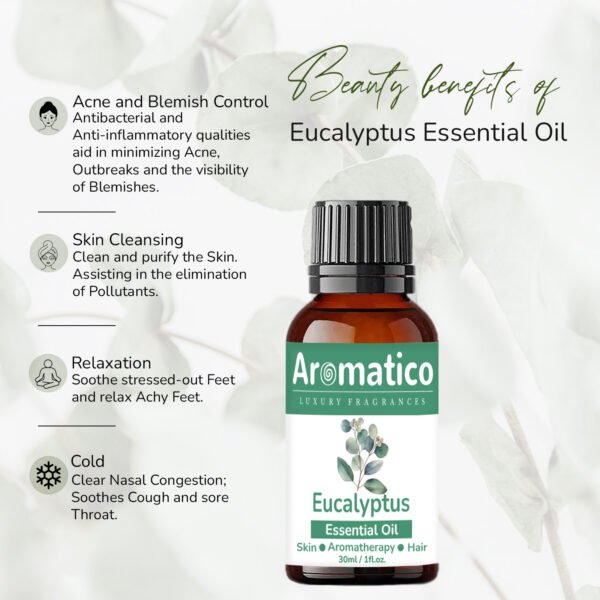 Eucalyptus Essential Oil, Therapeutic Grade, Perfect For Steam Inhalation, Massage, Mosquitoes Repellent, Aromatherapy, Relaxation, Skin Therapy, Hair Care & Diffuser - 30ml - Image 2