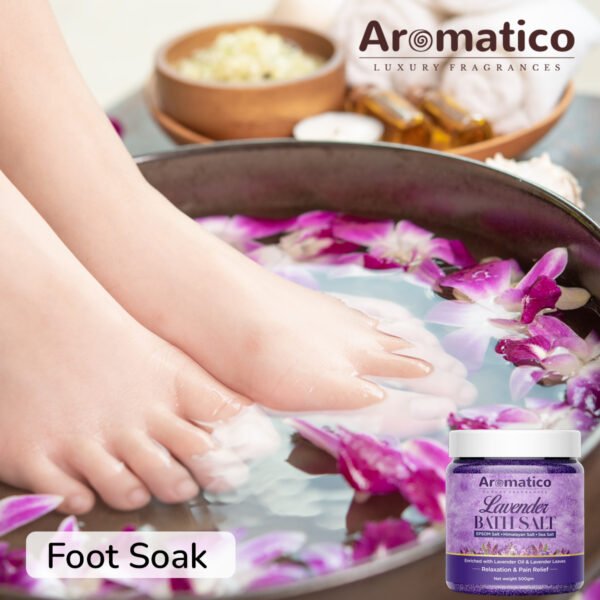 Lavender Bath Salt for Body & Foot Spa. Mineral-rich EPSOM, Himalayan & Sea Salts, Enriched with Pure Lavender Essential Oil & Leaves. Pain Relief, Relaxation, Aromatherapy – 500gm - Image 7