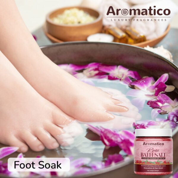 Rose Bath Salt for Body & Foot Spa. Mineral-rich EPSOM, Himalayan & Sea Salts, Enriched with Pure Rose Essential Oil & Leaves. Pain Relief, Relaxation, Aromatherapy – 500gm - Image 7