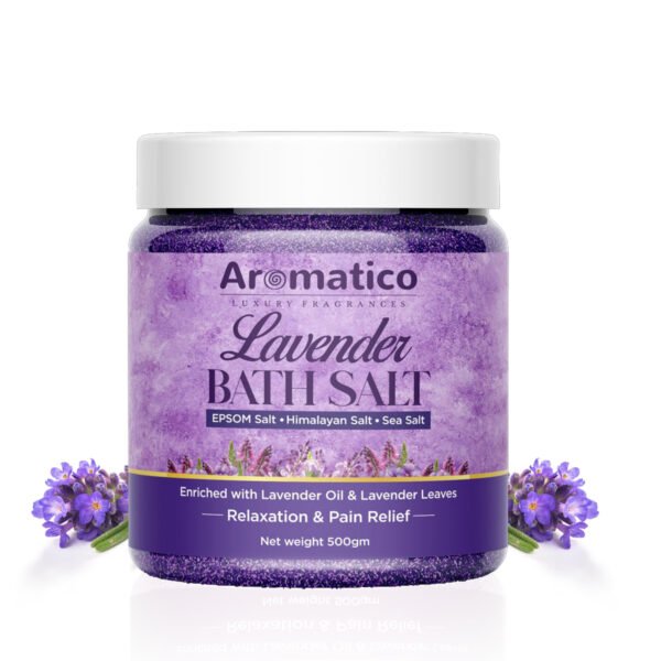 Lavender Bath Salt for Body & Foot Spa. Mineral-rich EPSOM, Himalayan & Sea Salts, Enriched with Pure Lavender Essential Oil & Leaves. Pain Relief, Relaxation, Aromatherapy – 500gm