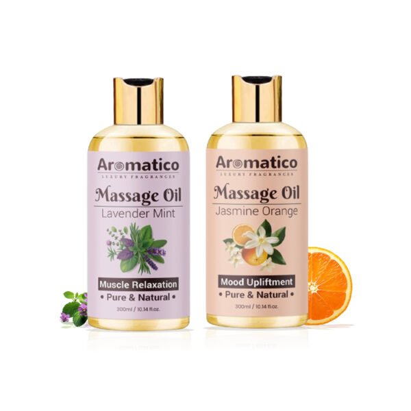 Lavender Mint & Jasmine Orange Massage Oils Pack of 2. For Mood Upliftment, Muscle Relaxation & Skin Nourishment, 100% Natural, Non-Sticky – 300ml Pack of 2