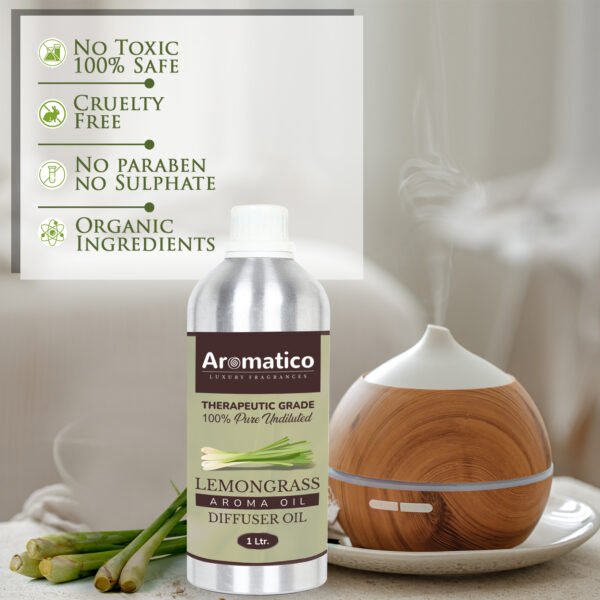 Lemongrass Diffuser Oil with Strong, Long-Lasting Aroma. Premium Aroma Oil for Homes, Offices & Showrooms. Aromatherapy, Diffusers, Air Purifiers, Vaporizers - 1 Liter (1000 ml) - Image 3
